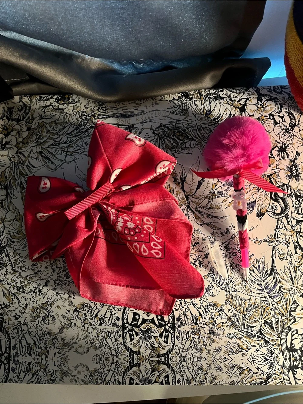 Handmade Pink Bandana Bow & Pom Pom Pen